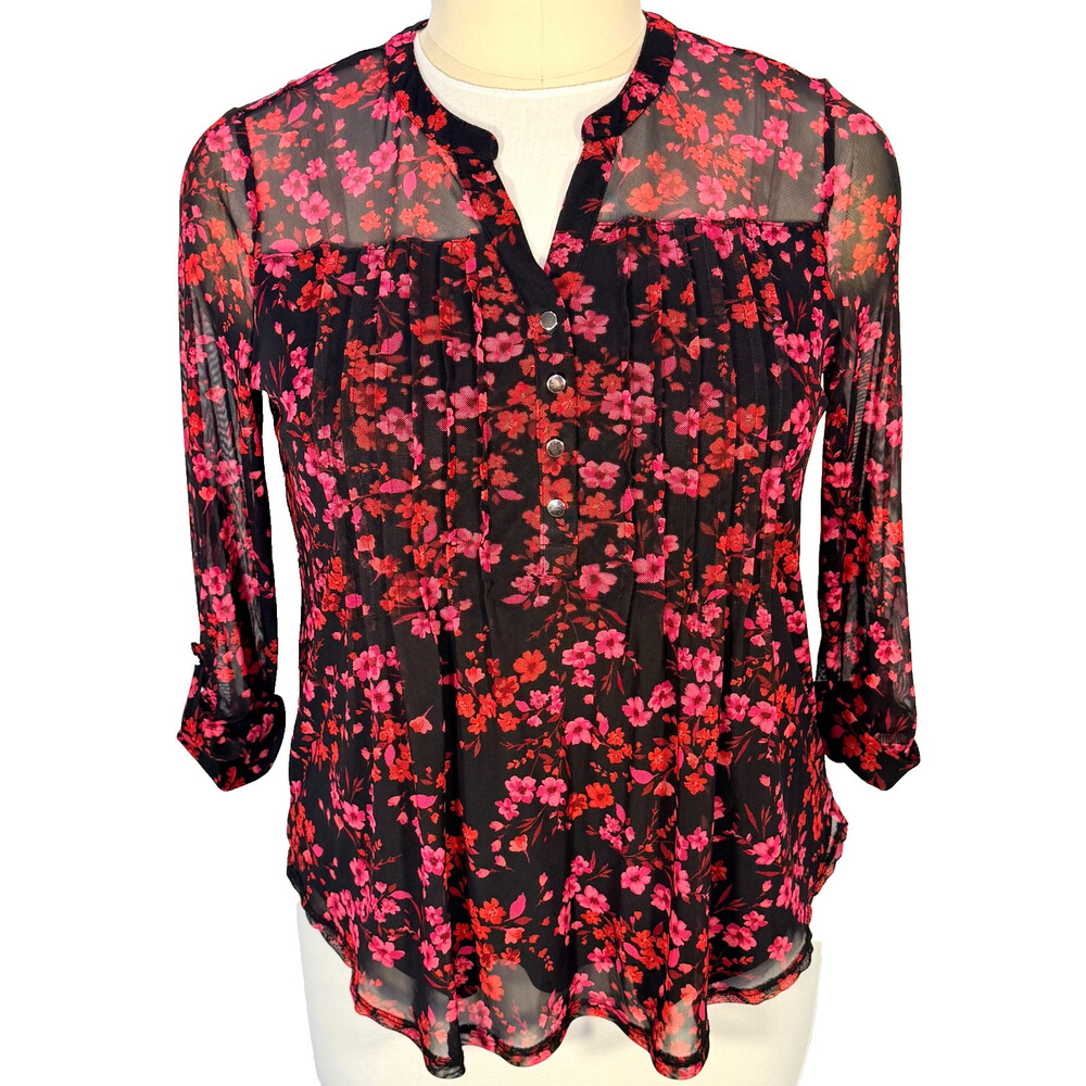 Juniper + Lime Women's XL Mesh Knit Top Pink Red Black Floral Henley V-Neck 3/4
